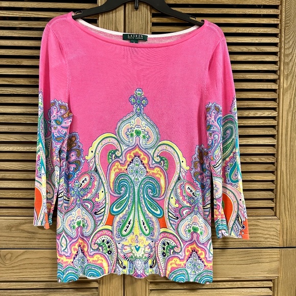 Lauren Ralph Lauren Pink Paisley Print Boat Neck Three-Quarter Sleeve Size M - Picture 1 of 9